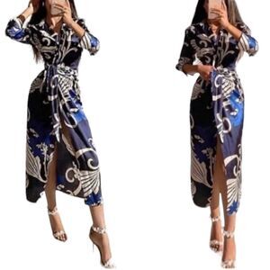 Zara Printed  Wrap Shirt Dress  Black Blue Floral Print Size XSmall NWT